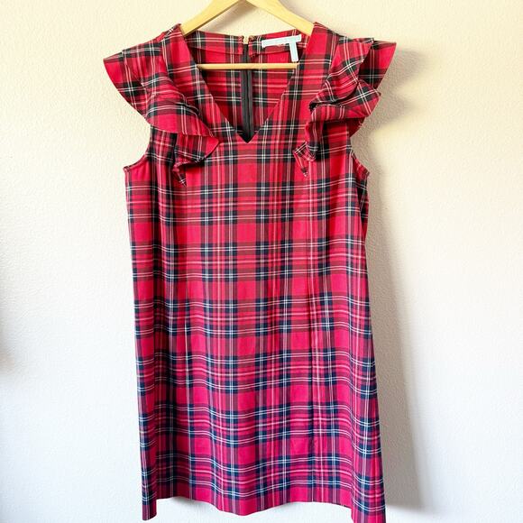 DRAPER JAMES | Red Plaid Navy White Black Flutter Sleeve Ruffle Shift Dress | 14 - Picture 3 of 9